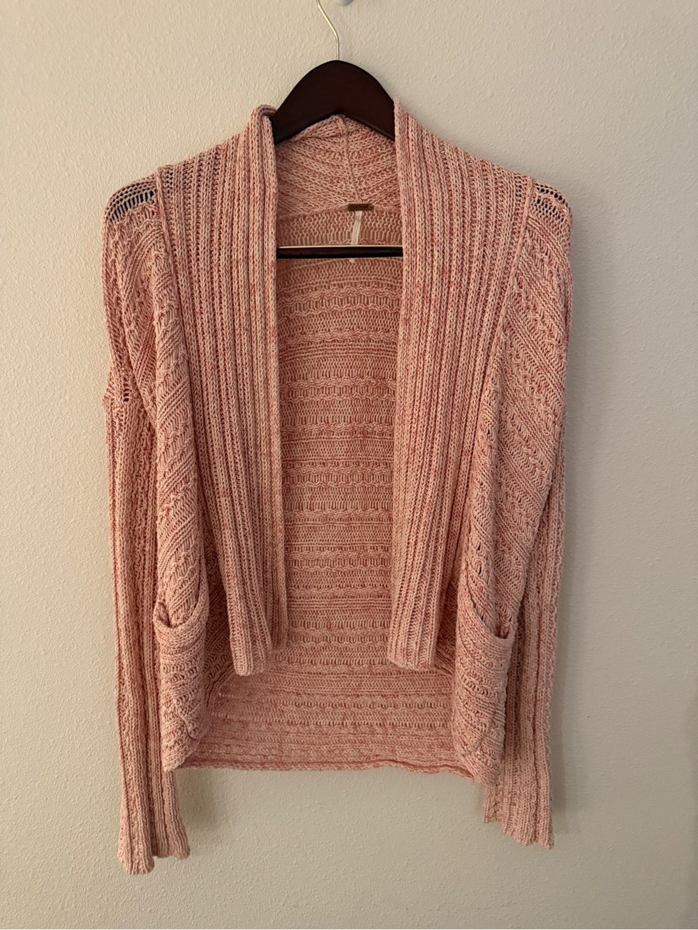 Free People Blush Pink Open Knit Cardigan L Cotton Boho Crochet Coastal